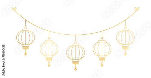 Gold Chinese Lantern Hanging Garland Outline Line Art, Lunar New Year and Mid-Autumn Festival Decoration Graphic