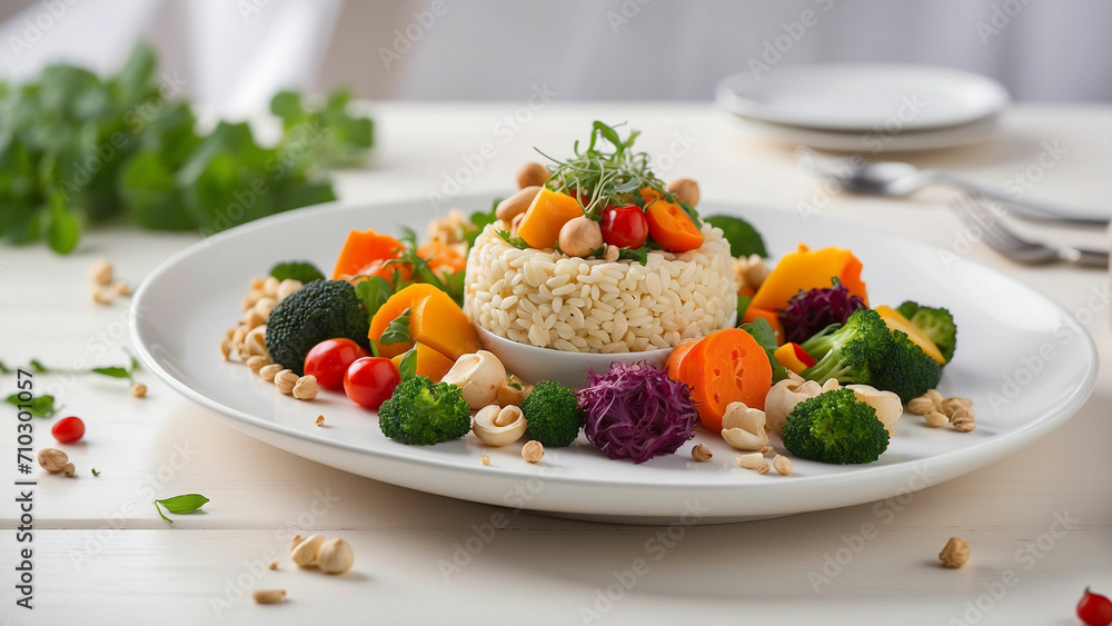 the elegance of vegetarian cuisine by photographing a well-balanced veg food plate on a clean, white wooden table in a restaurant