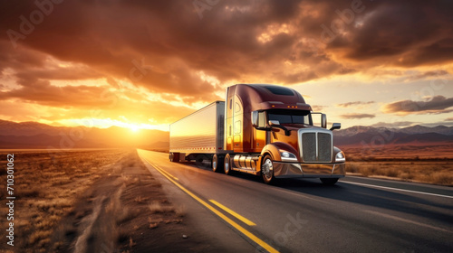 Truck on the highway at sunset. The sun drops below the horizon  casting a warm orange light on an open  powerful semi-trailer with a cargo  rushing into the distance along the highway.