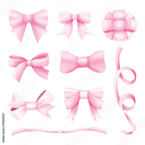 Pink watercolor ribbon bow tie vector collection