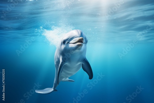 Smiling dolphin swimming in clear blue water  showing teeth  playful and friendly marine animal.