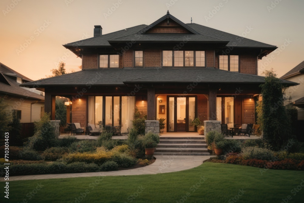 Obraz premium Beautiful wooden roof house exterior with lawn at dusk, luxury suburb neighborhood expensive housing generative ai