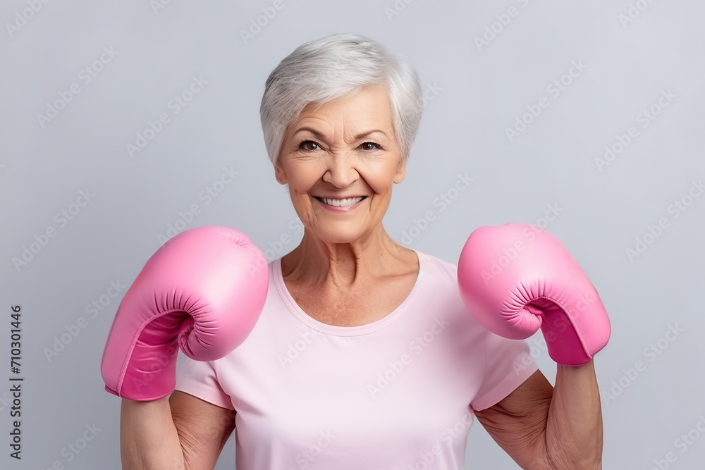 Mature woman smiling in pink boxing shirt and gloves on gray background. Conception of breast cancer Mature woman smiling in pink boxing shirt and gloves on gray background. Conception of breast cancer