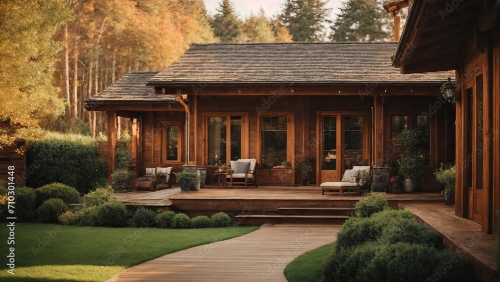 Beautiful wooden roof house exterior with lawn at dusk, luxury suburb neighborhood expensive housing generative ai Beautiful wooden roof house exterior with lawn at dusk, luxury suburb neighborhood expensive housing generative ai