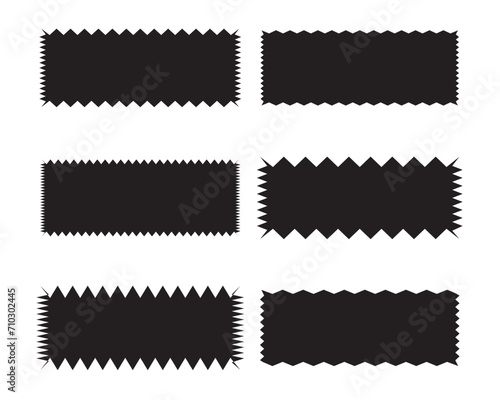 Zigzag edge rectangle shapes icon set of 6 design. A group of rectangular symbols with jagged edges. Isolated on a white background.