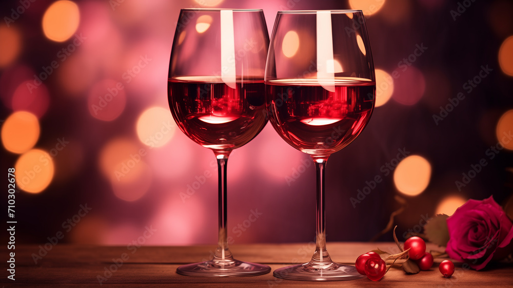 Two glasses of vine with pink rose petals with bokeh background.