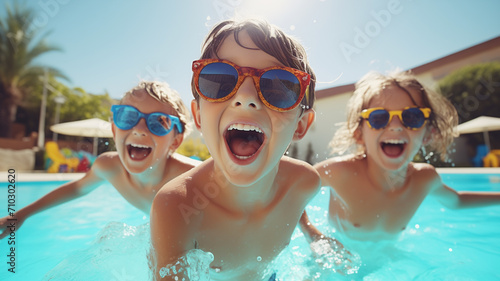 Cheerful Kids Playing in Swimming Pool, Children Friends Group in sunglasses Splashing