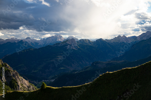 Panoramic view from the top of the Giau Pass, Dolomites, South Tyrol, Italy.