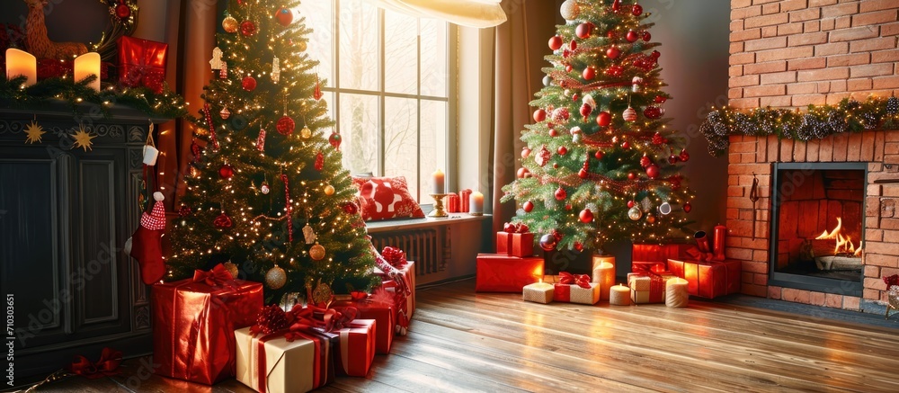 Festively adorned room with gifts and tree for Christmas and New Year. Festively adorned room with gifts and tree for Christmas and New Year.