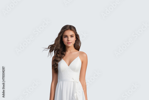 positive woman in wedding dress laughing isolated on grey