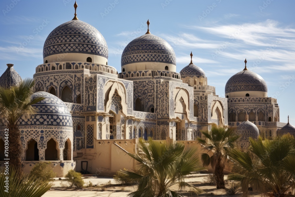 Grand Architectural Wonder, Majestic Building Adorned With Numerous Domes, A traditional Middle Eastern palace with patterned domes, AI Generated