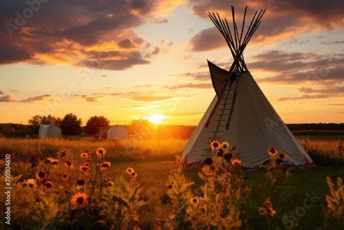 A teepee, a traditional Indigenous dwelling, stands in the middle of a vast and serene field, A traditional tipi in a field with a sunset, AI Generated photo