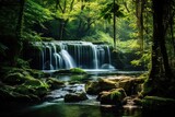 A captivating small waterfall gracefully enhances the breathtaking beauty of a dense forest, A tranquil waterfall flowing through a lush, summertime forest, AI Generated