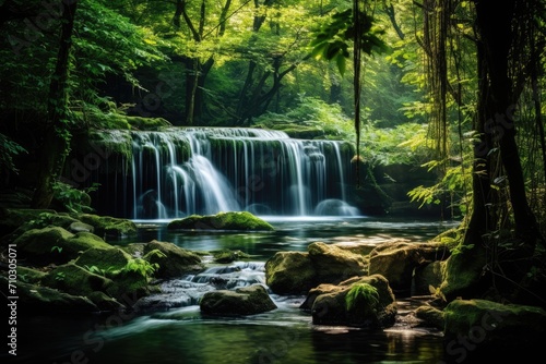 A captivating small waterfall gracefully enhances the breathtaking beauty of a dense forest  A tranquil waterfall flowing through a lush  summertime forest  AI Generated