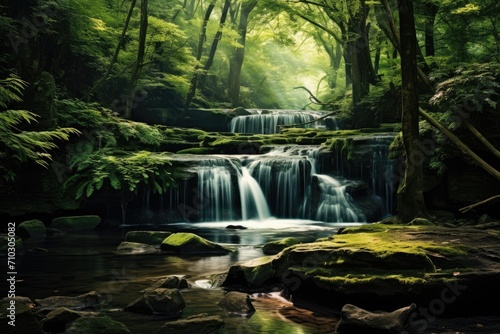 A tranquil stream of crystal-clear water meandering gracefully amidst a lush and vibrant green forest  A tranquil waterfall flowing through a lush  summertime forest  AI Generated
