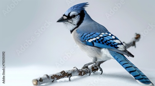 Close-Up of a Vibrant Blue Jay Bird Perched on a Bare Branch Against a Soft White Background