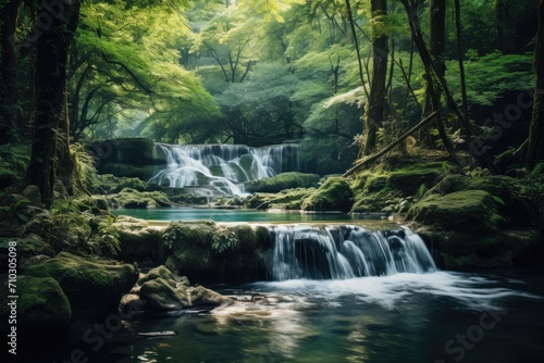 A breathtaking waterfall flows gracefully in the heart of a verdant forest, creating a scenic and serene oasis, A tranquil waterfall flowing through a lush, summertime forest, AI Generated