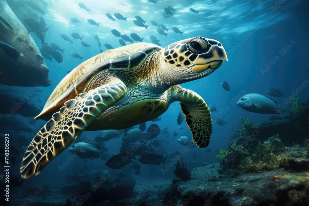 Obraz premium A magnificent green sea turtle gracefully glides through the vibrant blue waters of the ocean, A turtle swimming amongst a school of fish near a shipwreck, AI Generated