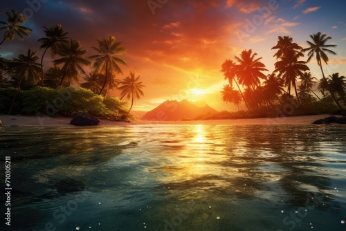 Sunset Over Tropical Island With Palm Trees, A tropical island with crystal clear waters and palm trees at sunrise, AI Generated © Iftikhar alam