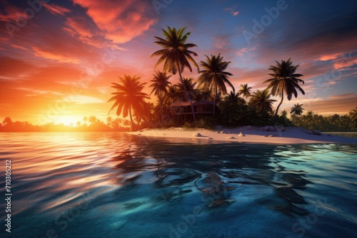 An idyllic tropical island bathed in the warm hues of a breathtaking sunset, A tropical island with crystal clear waters and palm trees at sunrise, AI Generated