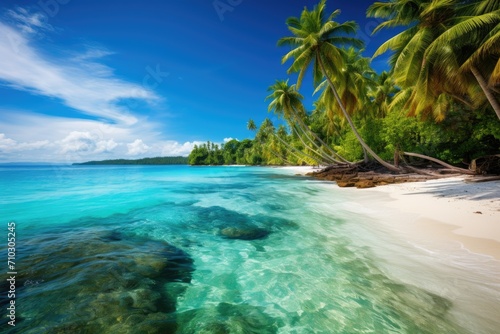 A picture of a tranquil tropical beach with swaying palm trees and sparkling clear water, A tropical paradise with a palm-lined beach and clear turquoise water, AI Generated © Iftikhar alam