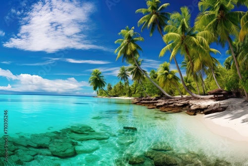 An idyllic tropical beach with palm trees lining the shores and crystal clear waters extending into the horizon, A tropical paradise with a palm-lined beach and clear turquoise water, AI Generated