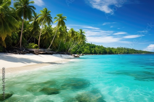 A picturesque beach with swaying palm trees and pristine, transparent blue water, A tropical paradise with a palm-lined beach and clear turquoise water, AI Generated
