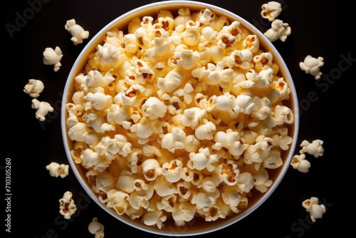 A bowl filled with popcorn sitting on top of a table, ready for a delicious snack during a movie night or moment of relaxation, A tub of fresh popcorn seen from a bird's eye view, AI Generated photo