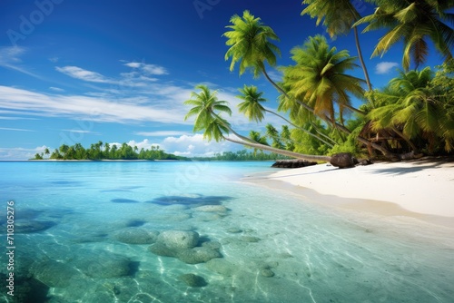 A breathtaking tropical paradise featuring a stunning beach lined with swaying palm trees and crystal-clear waters  A tropical paradise with a palm-lined beach and clear turquoise water  AI Generated