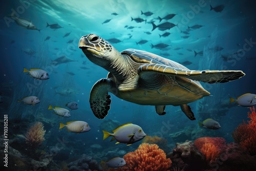 A turtle gracefully swims through the ocean as a school of fish surround it in an awe-inspiring display of underwater life, A turtle swimming amongst a school of fish near a shipwreck, AI Generated