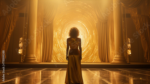 Enigmatic Entrance to Golden Hall, solitary figure stands at the threshold of a grand, golden hall, its intricate patterns drawing the eye into a world of opulence and mystery