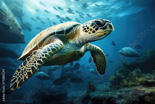 A magnificent green sea turtle gracefully glides through the vibrant blue waters of the ocean, A turtle swimming amongst a school of fish near a shipwreck, AI Generated