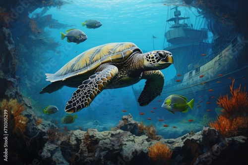 Vibrant and realistic painting capturing the grace and beauty of a turtle swimming in the ocean, A turtle swimming amongst a school of fish near a shipwreck, AI Generated