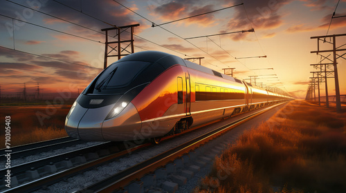 train in the morning, speed train on the railway at sunset, Railway platform. Railroad in Italy. Commercial. Passenger railway transportation