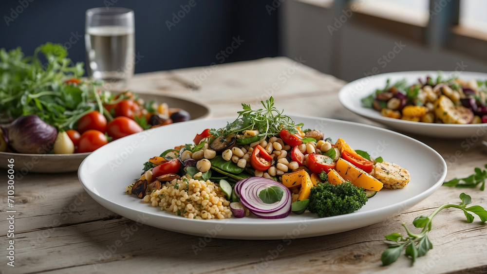 a mouthwatering visual narrative by photographing a veg food plate on a rustic white wooden table in a restaurant a mouthwatering visual narrative by photographing a veg food plate on a rustic white wooden table in a restaurant
