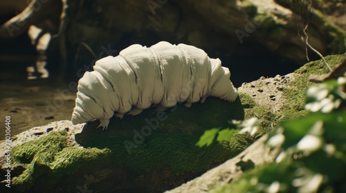 A detailed cinematic statue of a colossal, fluffy tardigrade is seen in the forest. photo