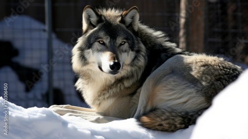 A portrait of a wolf  known as a lobo  is seen laying in the snow.