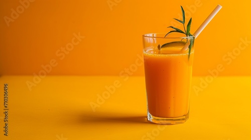 Refreshing Orange Smoothie in Clear Glass with Straw on Vibrant Yellow Surface Casting Artistic Shadows in Sunlight