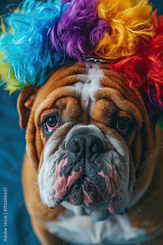 Funny bulldog in clown wig on blue background. April Fools' Day celebration.
