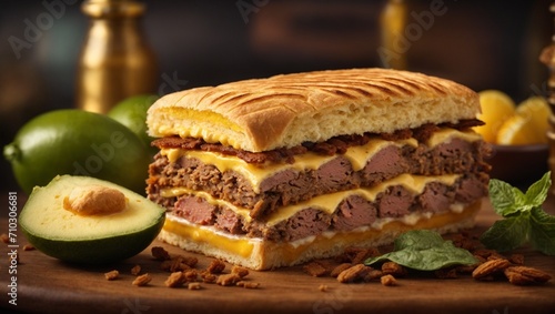 Cubano Sandwich, soft, slightly sweet Cuban bread. Heaps of heavily seasoned pork roast and sliced ham photo