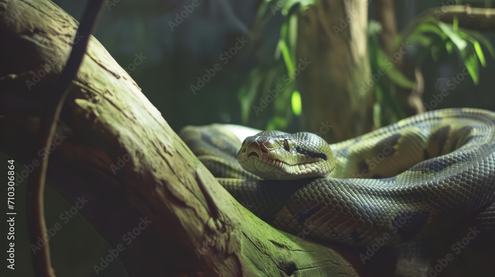 Fototapeta premium A large snake is seen sitting on top of a tree branch, surrounding them.