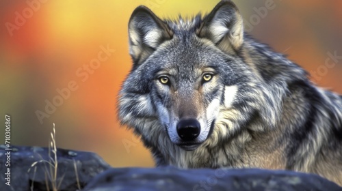 A wolf with yellow eyes is seen looking at the camera in a portrait shot of the wolf's head.