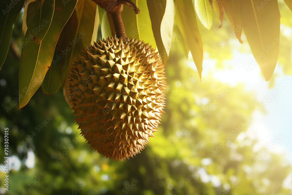 Close up Durian fruit on tree, copy space Close up Durian fruit on tree, copy space