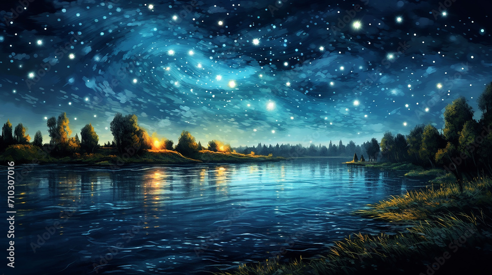 beautiful starry night sky fully with the stars with reflection on lake