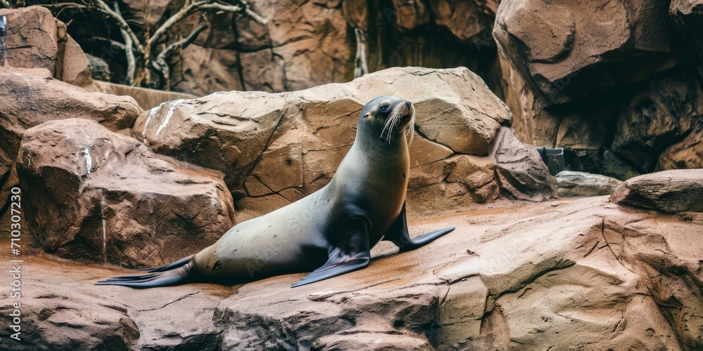 Obraz premium A sea lion, doing an elegant pose with a proud look, is seen sitting on top of a rock in a group photo taken in a zoo.