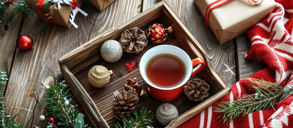 Tea and Christmas decorations displayed on a wooden tray. Tea and Christmas decorations displayed on a wooden tray.