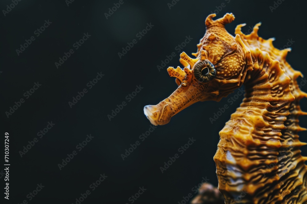 A closeup portrait shot of a seahorse is seen on a black background.