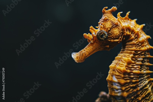 A closeup portrait shot of a seahorse is seen on a black background. photo