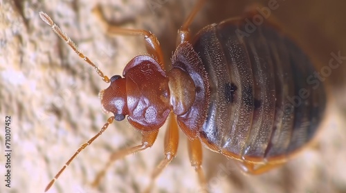 A closeup photograph of a bed bug is seen on a piece of wood.