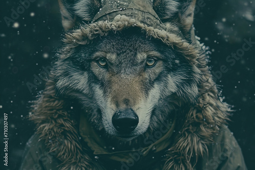 A closeup shot of a wolf wearing human clothes - Generative AI
